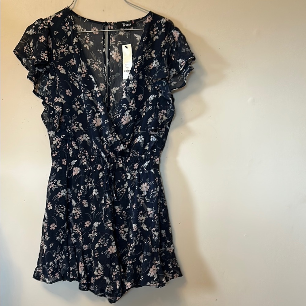 Trixxi dark blue floral ruffle sleeve romper Vneck elastic waist size S nwt